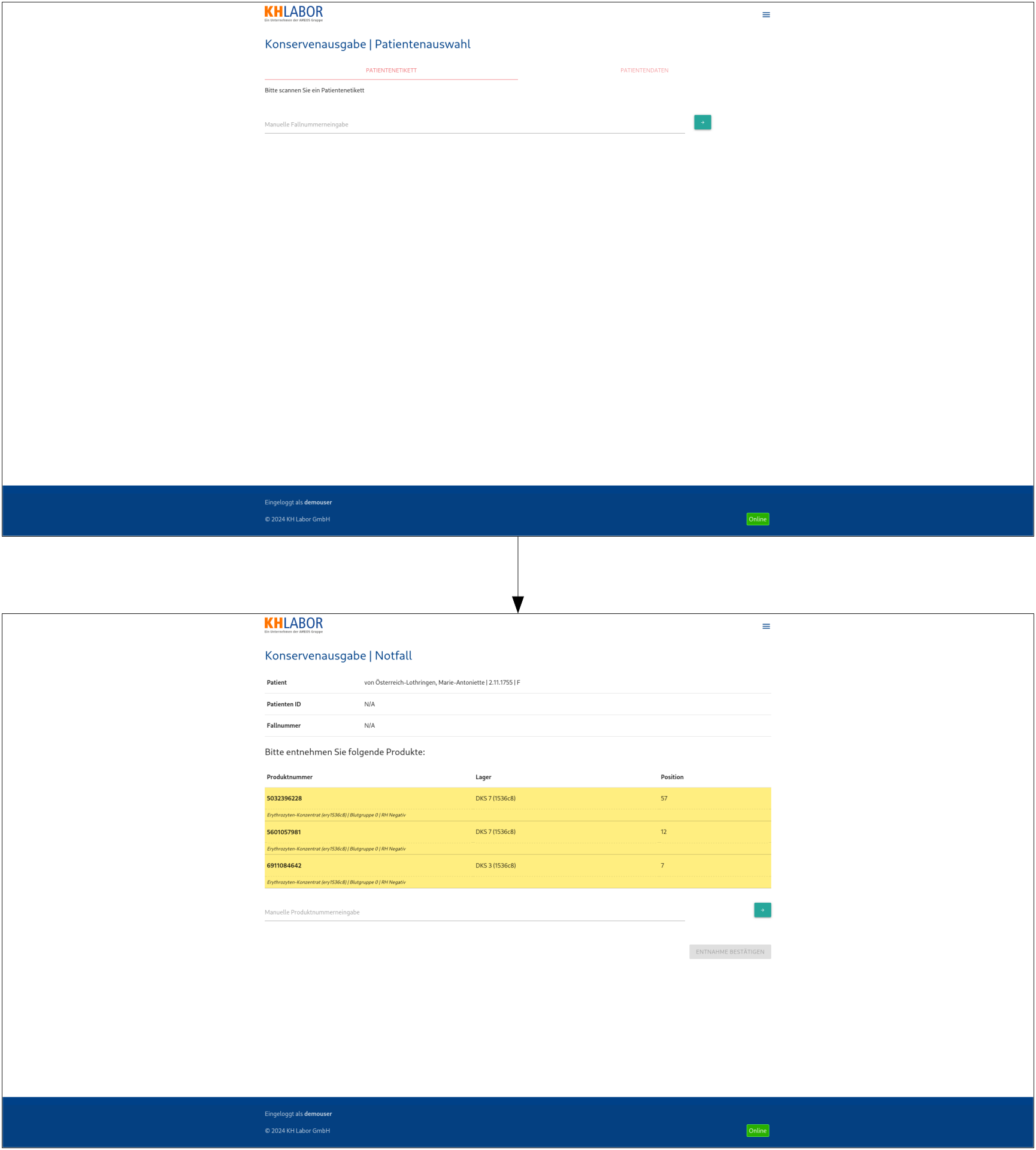 digraph G {
    graph [ranksep="2"];
    size="20";
    rankdir=TB;
    node [shape=box];
    A [label="", image="../img/patient_scan/patient_scan.png"];
    B [label="", image="../img/products/products.png"];
    A -> B [arrowsize=3];
}