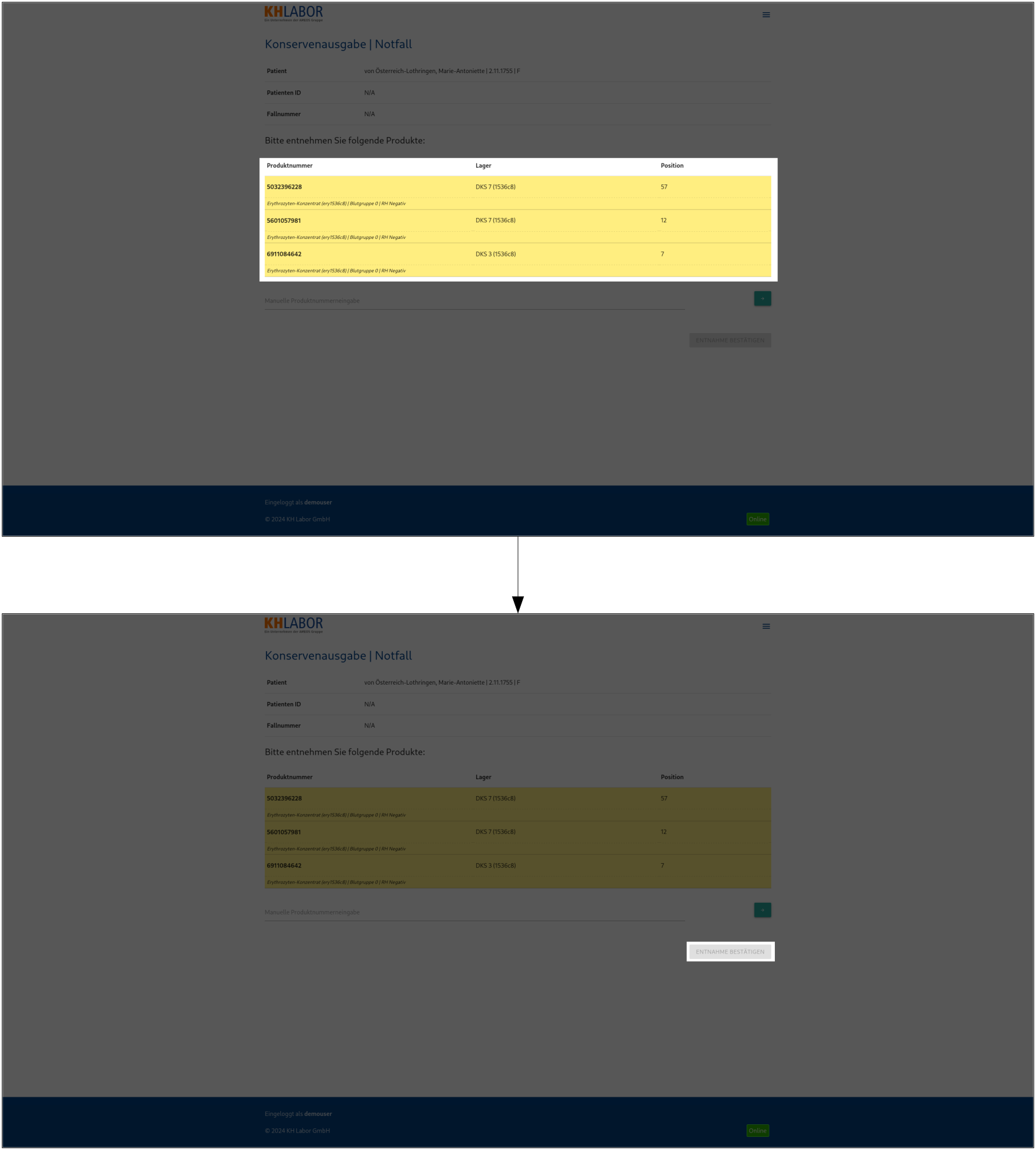 digraph G {
    graph [ranksep="2"];
    size="20";
    rankdir=TB;
    node [shape=box];
    A [label="", image="../img/products/products_products.png"];
    B [label="", image="../img/products/products_confirm.png"];
    A -> B [arrowsize=3];
}